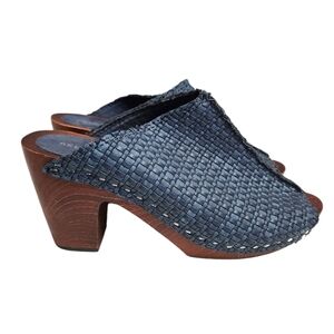 Kelsi Dagger Brooklyn Boulder Heeled Mules Sandals Wood Block Woven Peep Toe Nav